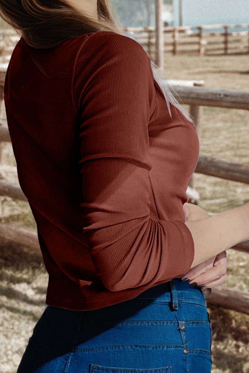 Fashion-W Gathered Bust Square Neck Rib Fit Long Sleeve Top