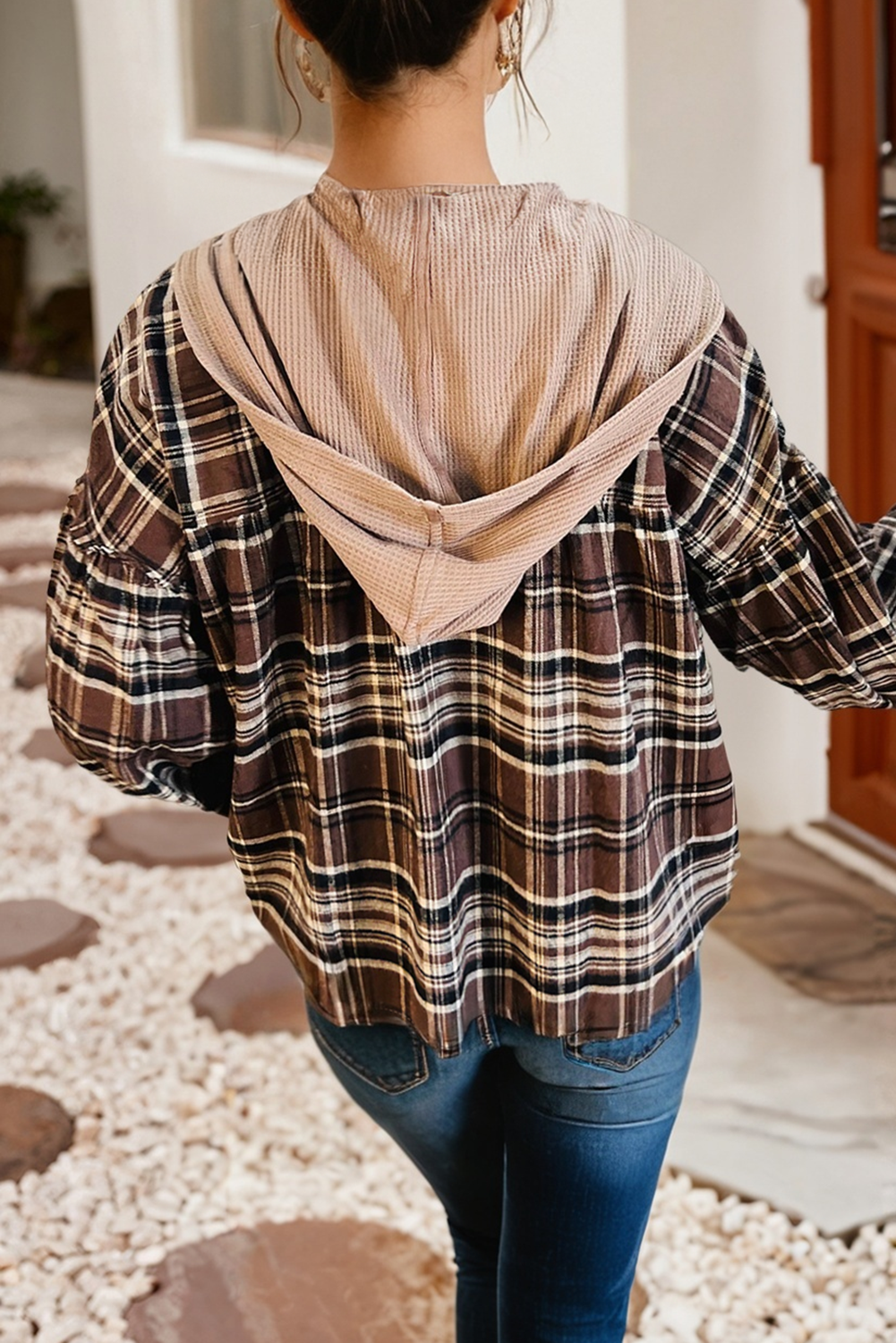 LDC Plaid Patchwork Long Sleeve Button Hooded Blouse