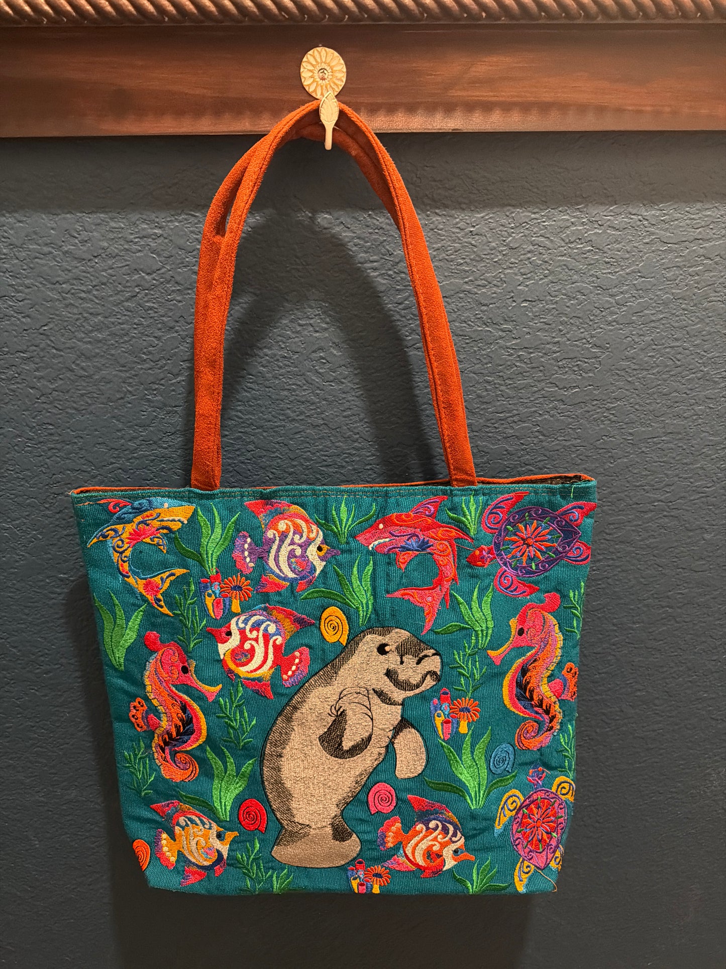 Embroidered Manatee Sea Animals Large Suede Purse Tote Bag