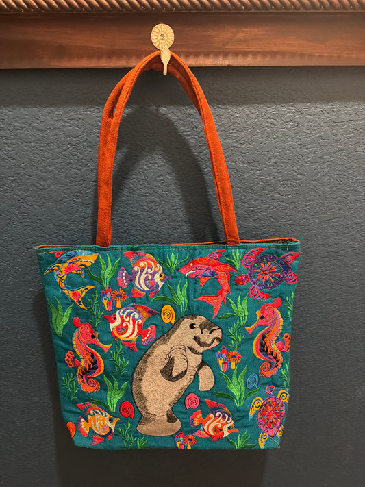 Embroidered Manatee Sea Animals Large Suede Purse Tote Bag