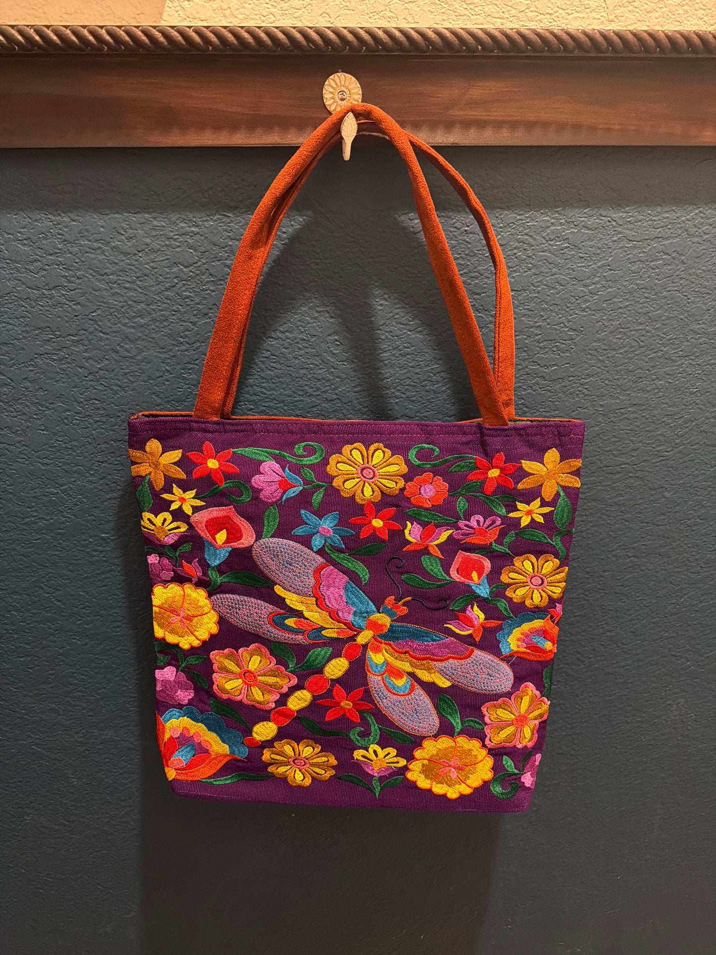 Embroidered Floral Dragonfly Large Suede Purse Tote Bag
