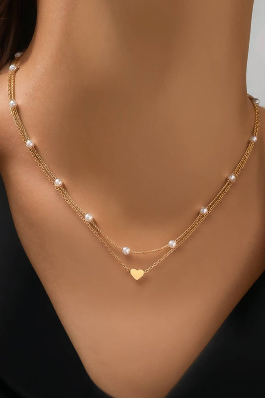 Fashion-W Plate Heart and Pearl Detail 2pcs Layered Necklace