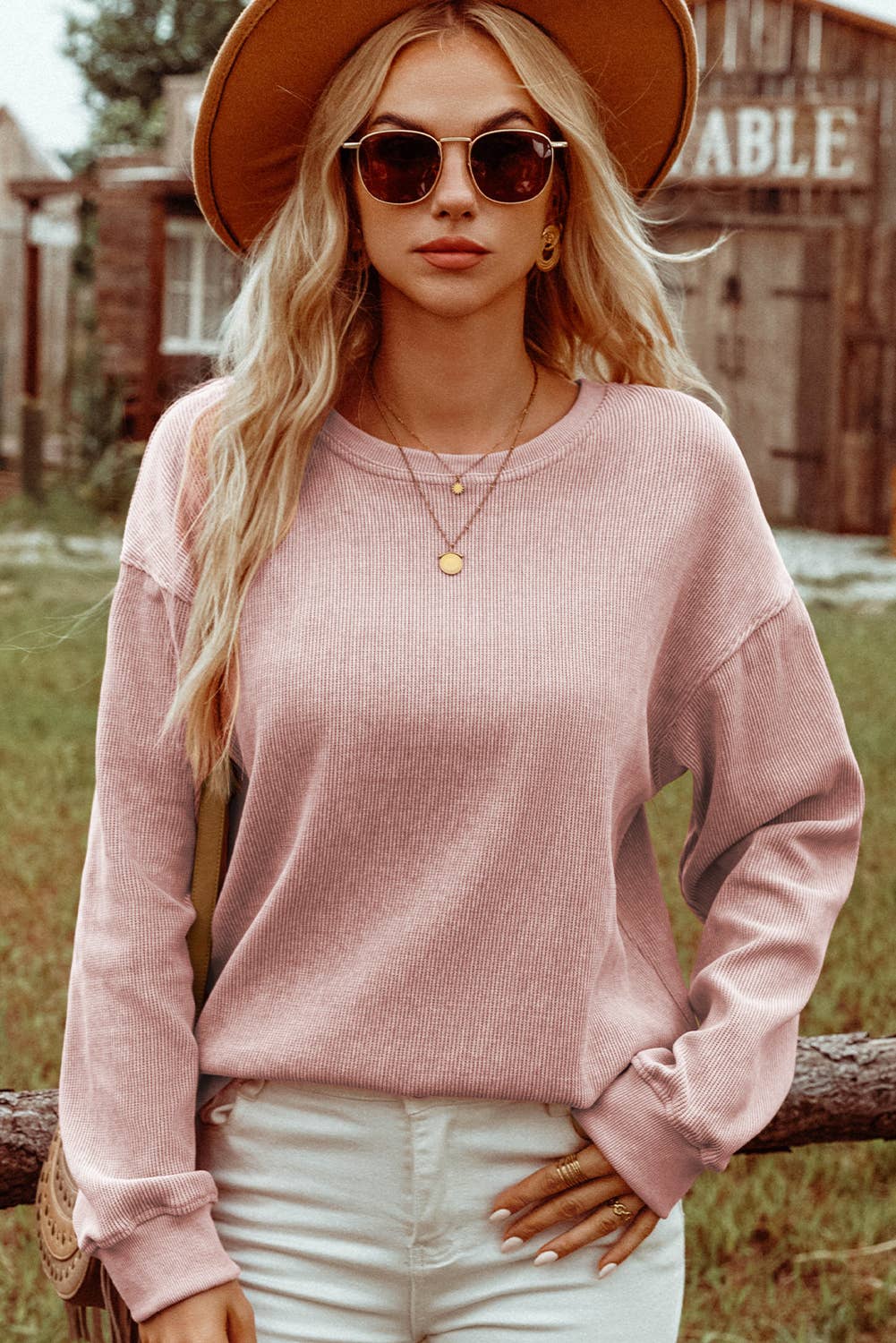 Fashion-W Ribbed Knit Round Neck Pullover Sweatshirt*S-2XL