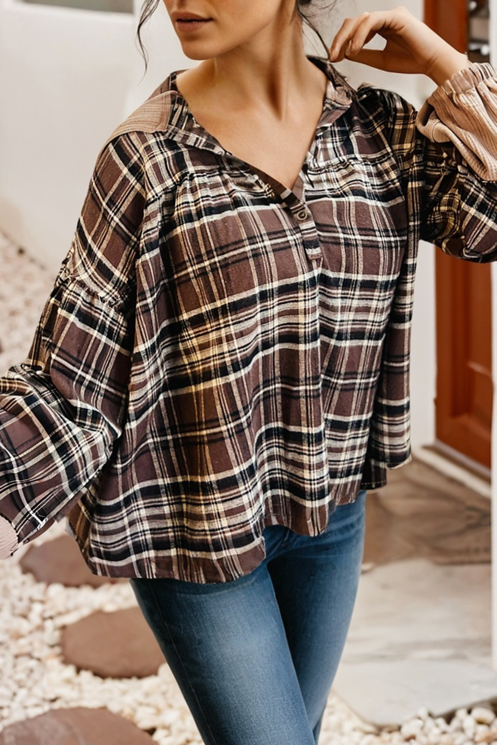 LDC Plaid Patchwork Long Sleeve Button Hooded Blouse