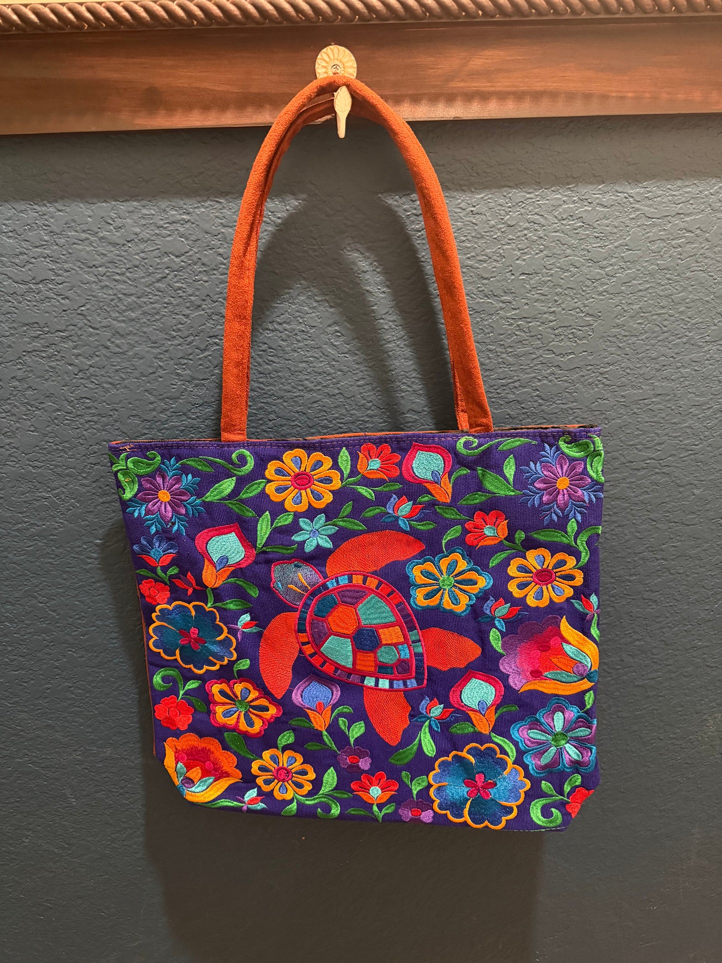 Embroidered Floral Sea Turtle Large Suede Purse Tote Bag