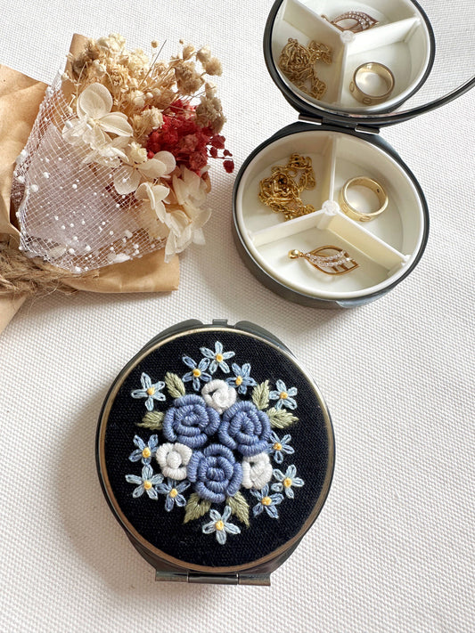 Floral Embroidered Round Jewelry Box With Mirror (In Stock✅)