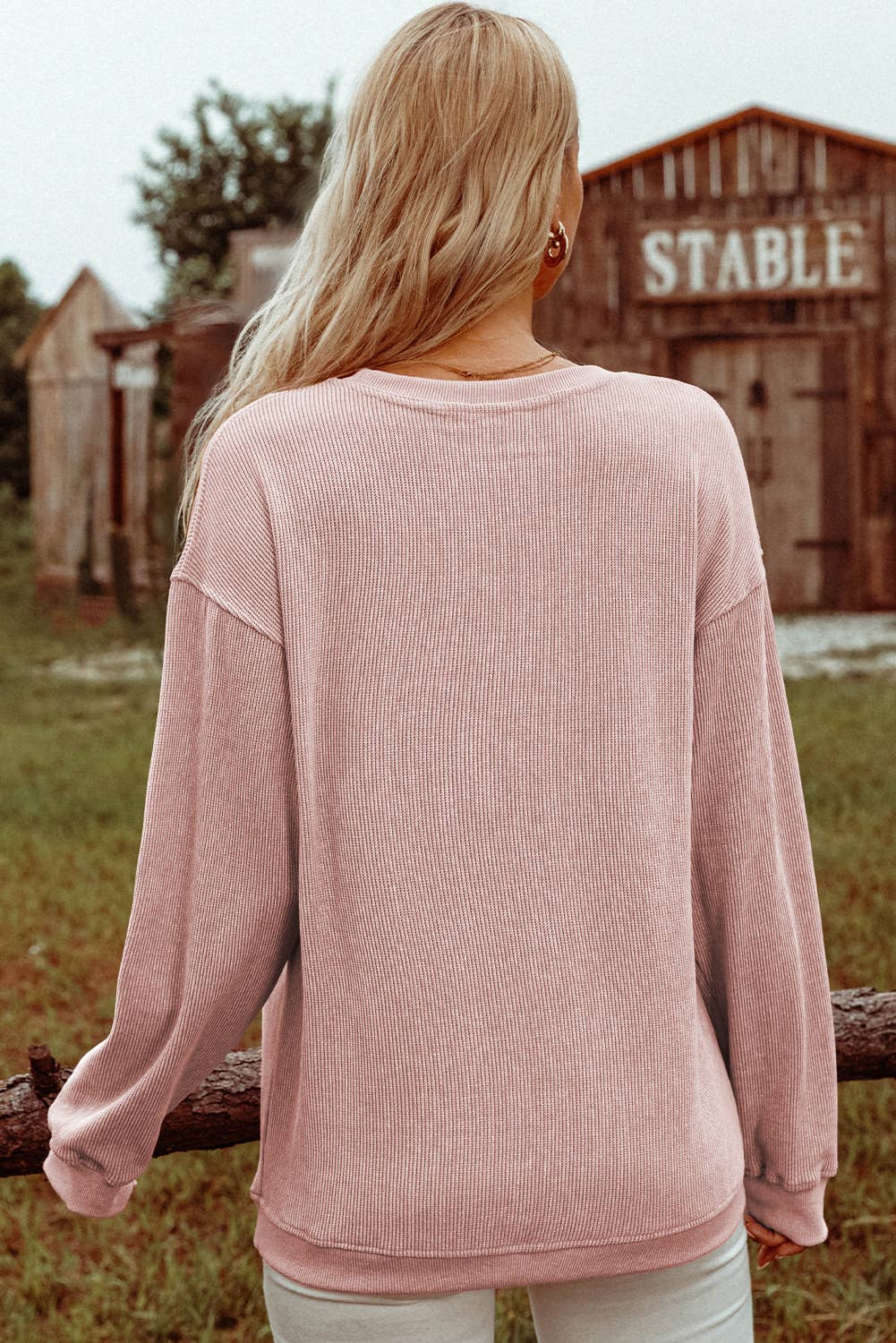 Fashion-W Ribbed Knit Round Neck Pullover Sweatshirt*S-2XL