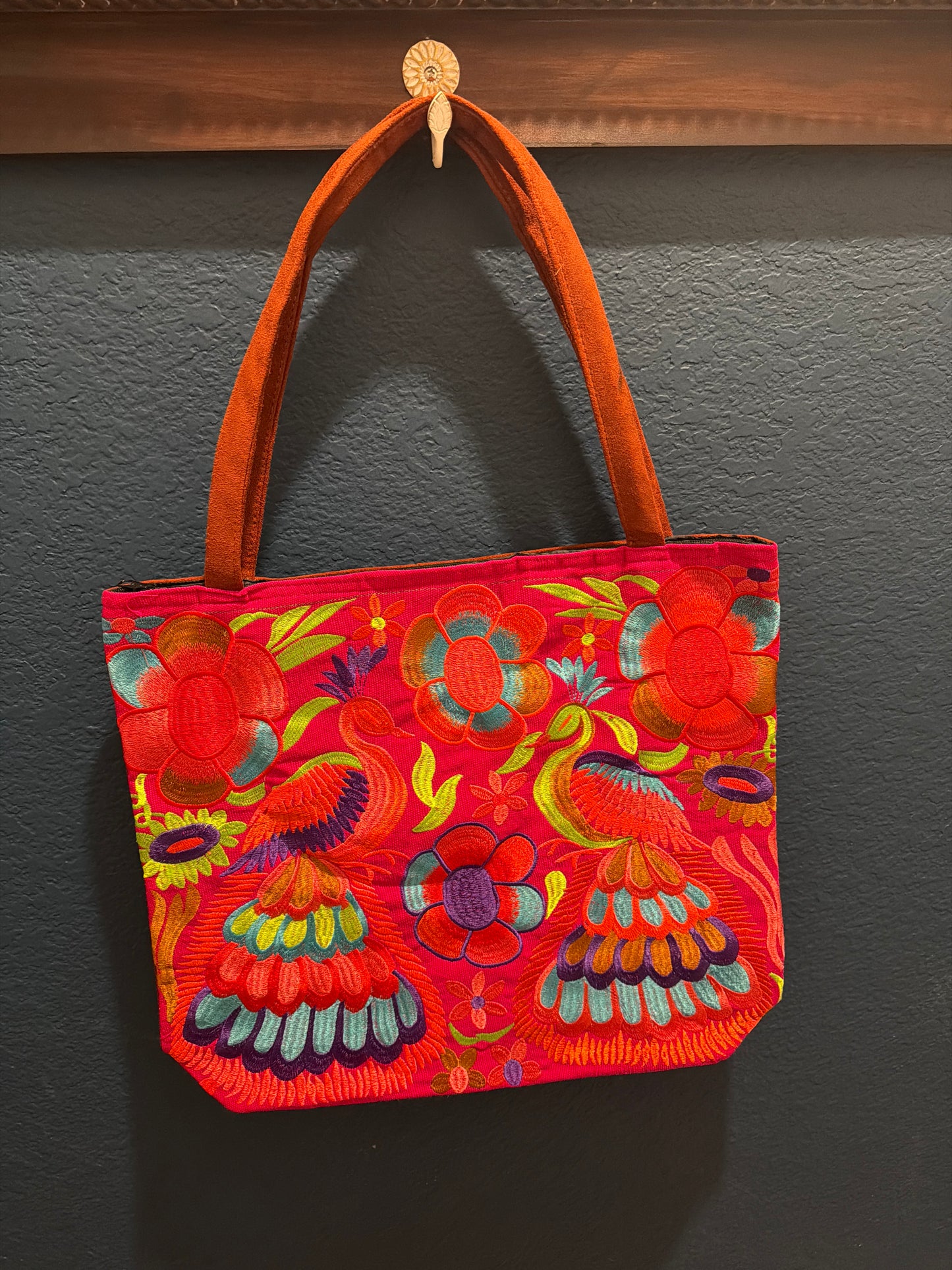 Embroidered Floral Peacock Large Suede Purse Tote Bag