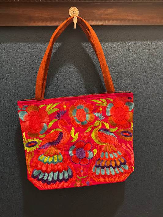 Embroidered Floral Peacock Large Suede Purse Tote Bag