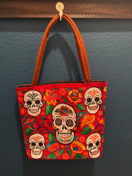 Embroidered Floral Sugar Skull Large Suede Purse Tote Bag