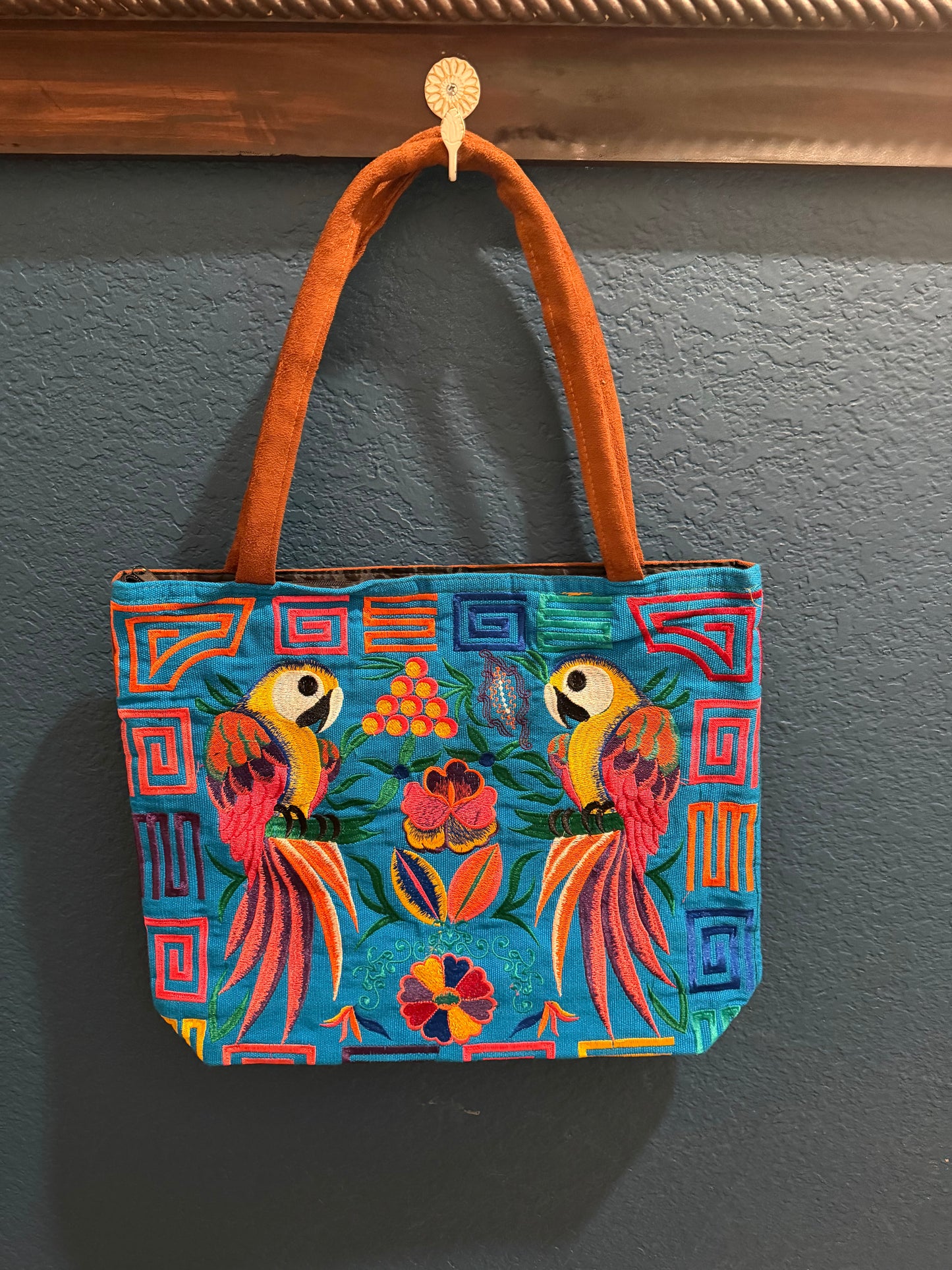 Embroidered Floral Parrot 2 Large Suede Purse Tote Bag