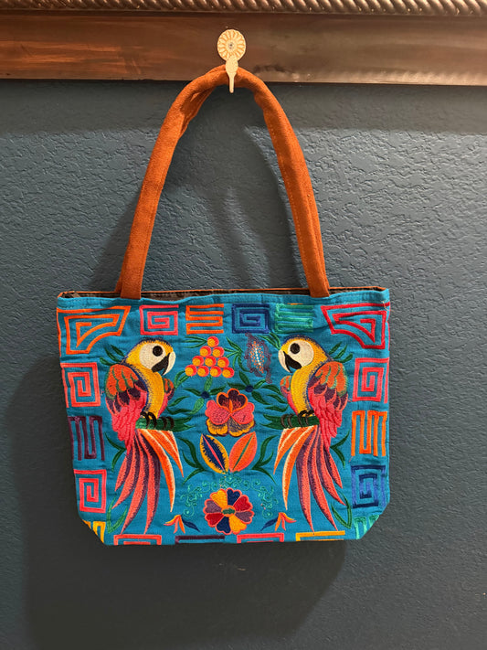 Embroidered Floral Parrot 2 Large Suede Purse Tote Bag