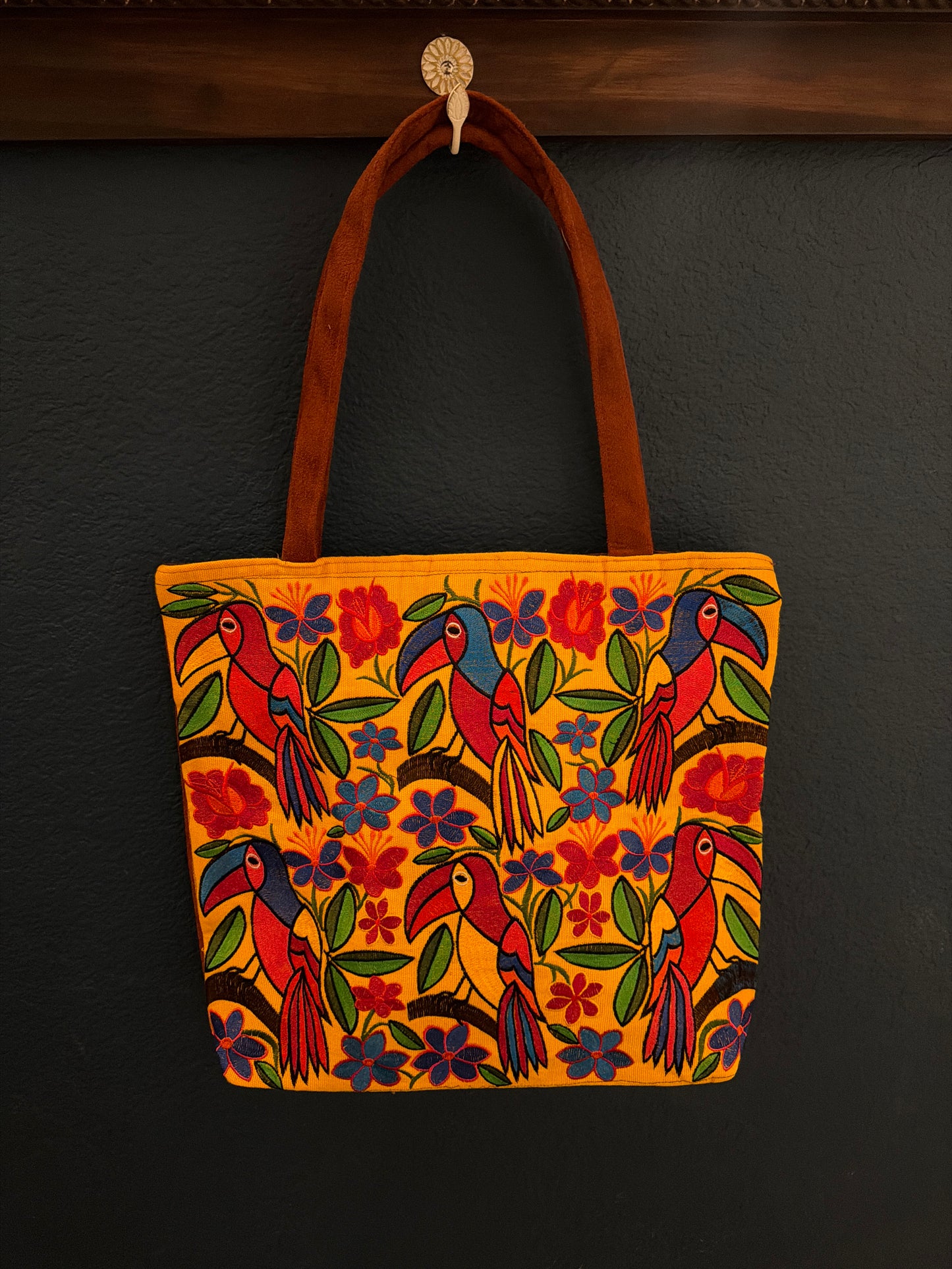 Embroidered Floral Toucan Large Suede Purse Tote Bag