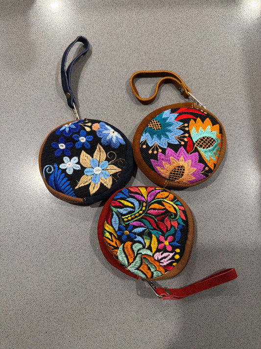 Round Embroidered Floral Leather "Bella" Coin Purse Pouch
