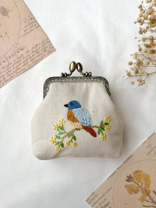 Bird Embroidered Navy Blue Coin Purse  (In Stock ✅)