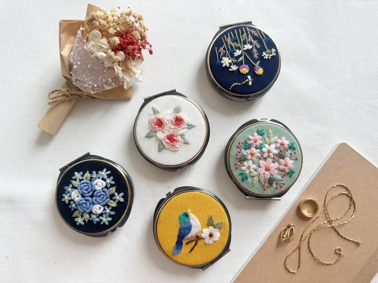 Floral Embroidered Round Jewelry Box With Mirror (In Stock✅)