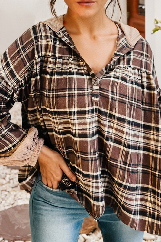 LDC Plaid Patchwork Long Sleeve Button Hooded Blouse